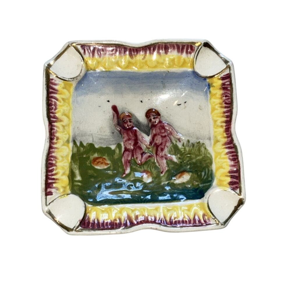 Porcelain Ashtray Two Children Playing In A field Davein Japan Vintage Trinket